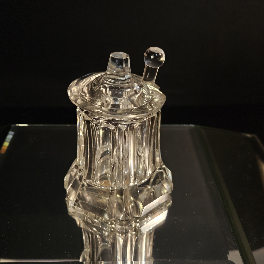 VTG Bohemian Crystal Mustard Jar with Lid & Spoon - Made in Czechoslovakia -SJ